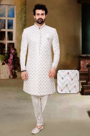 White Lakshanvi Silk Indo Western Sherwani
